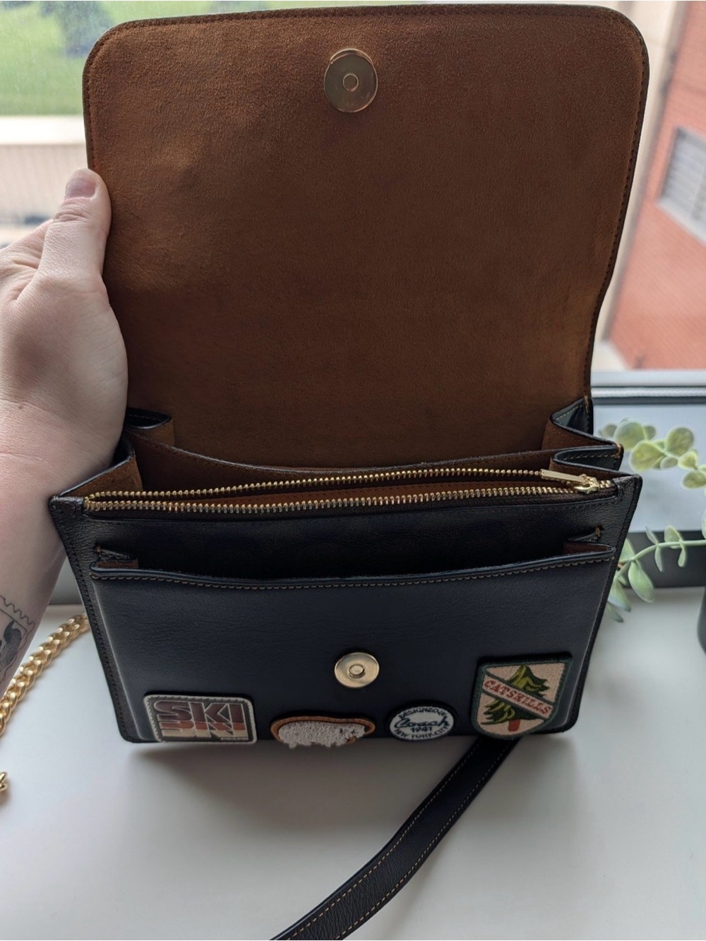 Coach Brown Patchwork Patch Logo Satchel/Crossbody with Gold Chain NWT - Picture 2 of 5
